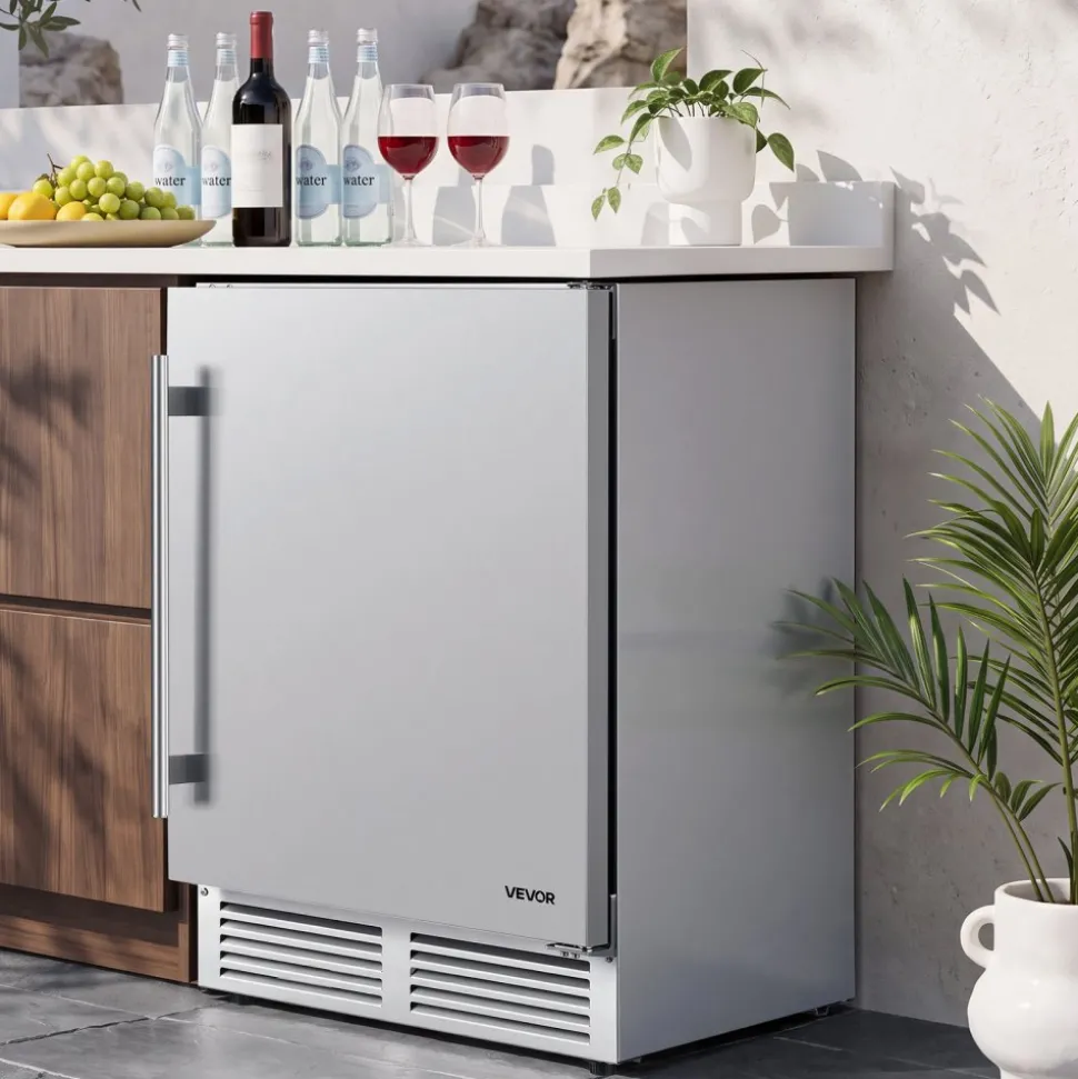 VEVOR Outdoor Beverage Refrigerator, 24 Inch Undercounter Drink Fridge, 304 Stainless Steel Body, 5.0 Cu. Ft, Hold 180 Cans, Powerful Cooling System, Built-in / Freestand Cooler, Home Bar & Patio