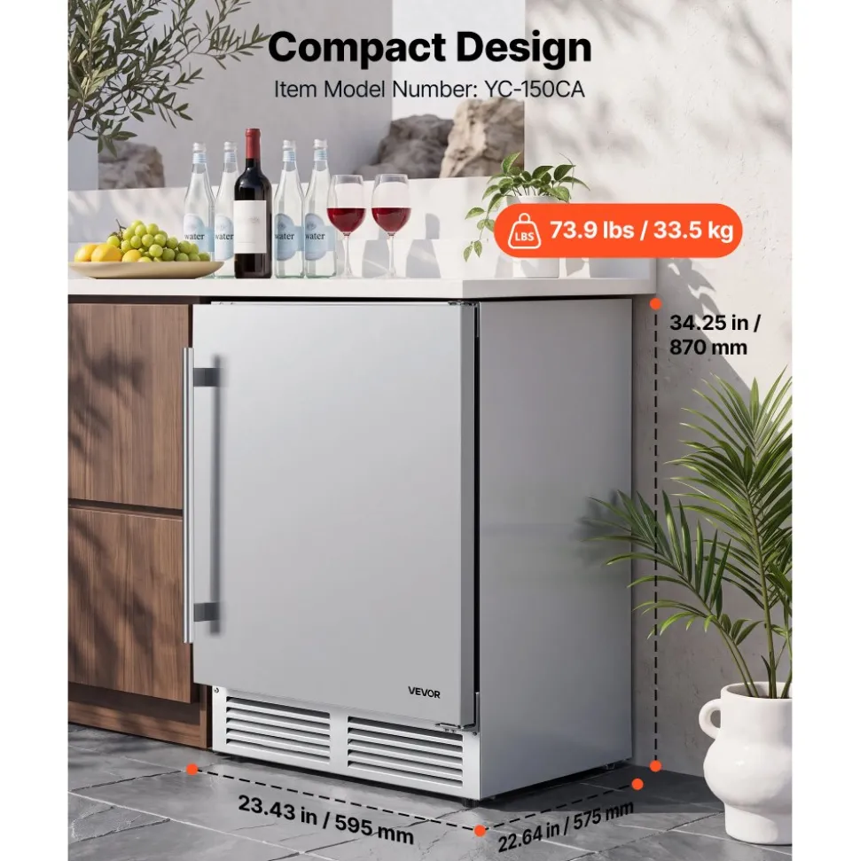 VEVOR Outdoor Beverage Refrigerator, 24 Inch Undercounter Drink Fridge, 304 Stainless Steel Body, 5.0 Cu. Ft, Hold 180 Cans, Powerful Cooling System, Built-in / Freestand Cooler, Home Bar & Patio