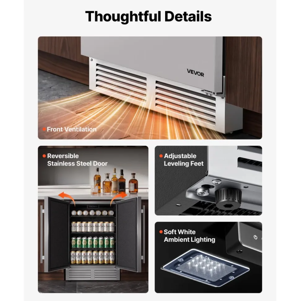 VEVOR Outdoor Beverage Refrigerator, 24 Inch Undercounter Drink Fridge, 304 Stainless Steel Body, 5.0 Cu. Ft, Hold 180 Cans, Powerful Cooling System, Built-in / Freestand Cooler, Home Bar & Patio