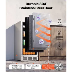 VEVOR Outdoor Beverage Refrigerator, 15 Inch Undercounter Drink Fridge, 304 Stainless Steel Body, 3.0 Cu. Ft, Hold 94 Cans, Powerful Cooling System, Built-in / Freestand Cooler, Home Bar & Patio