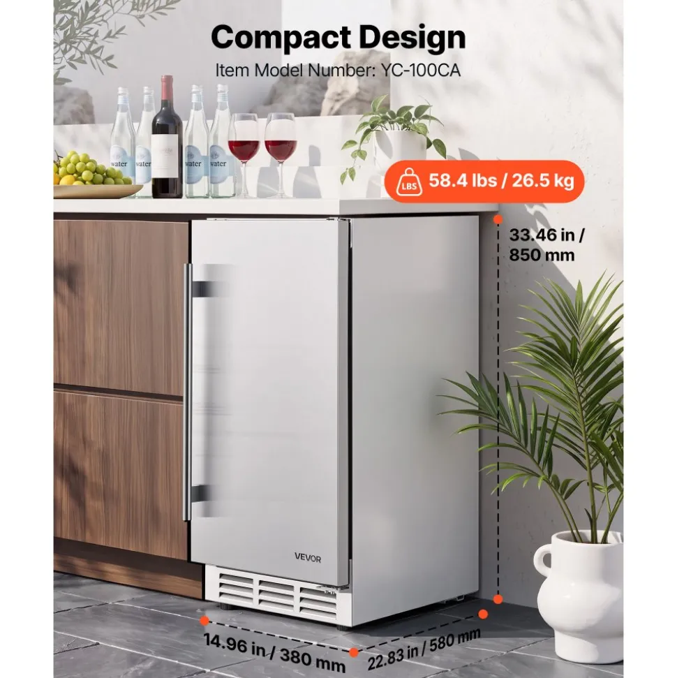 VEVOR Outdoor Beverage Refrigerator, 15 Inch Undercounter Drink Fridge, 304 Stainless Steel Body, 3.0 Cu. Ft, Hold 94 Cans, Powerful Cooling System, Built-in / Freestand Cooler, Home Bar & Patio
