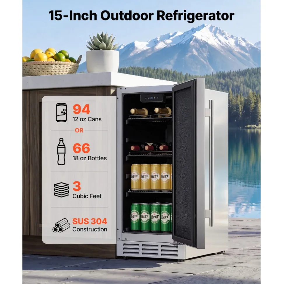VEVOR Outdoor Beverage Refrigerator, 15 Inch Undercounter Drink Fridge, 304 Stainless Steel Body, 3.0 Cu. Ft, Hold 94 Cans, Powerful Cooling System, Built-in / Freestand Cooler, Home Bar & Patio