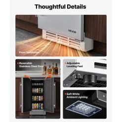 VEVOR Outdoor Beverage Refrigerator, 15 Inch Undercounter Drink Fridge, 304 Stainless Steel Body, 3.0 Cu. Ft, Hold 94 Cans, Powerful Cooling System, Built-in / Freestand Cooler, Home Bar & Patio