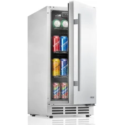 VEVOR Outdoor Beverage Refrigerator, 15 Inch Undercounter Drink Fridge, 304 Stainless Steel Body, 3.0 Cu. Ft, Hold 94 Cans, Powerful Cooling System, Built-in / Freestand Cooler, Home Bar & Patio