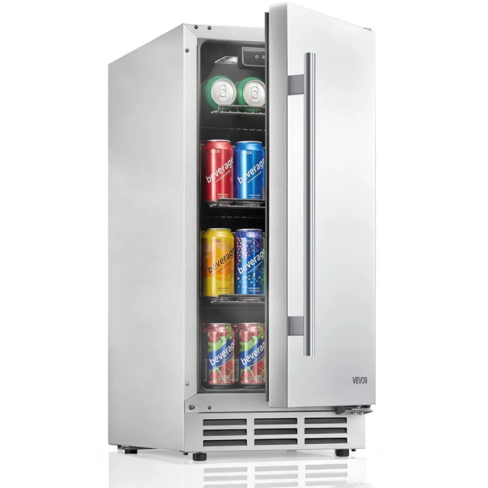 VEVOR Outdoor Beverage Refrigerator, 15 Inch Undercounter Drink Fridge, 304 Stainless Steel Body, 3.0 Cu. Ft, Hold 94 Cans, Powerful Cooling System, Built-in / Freestand Cooler, Home Bar & Patio