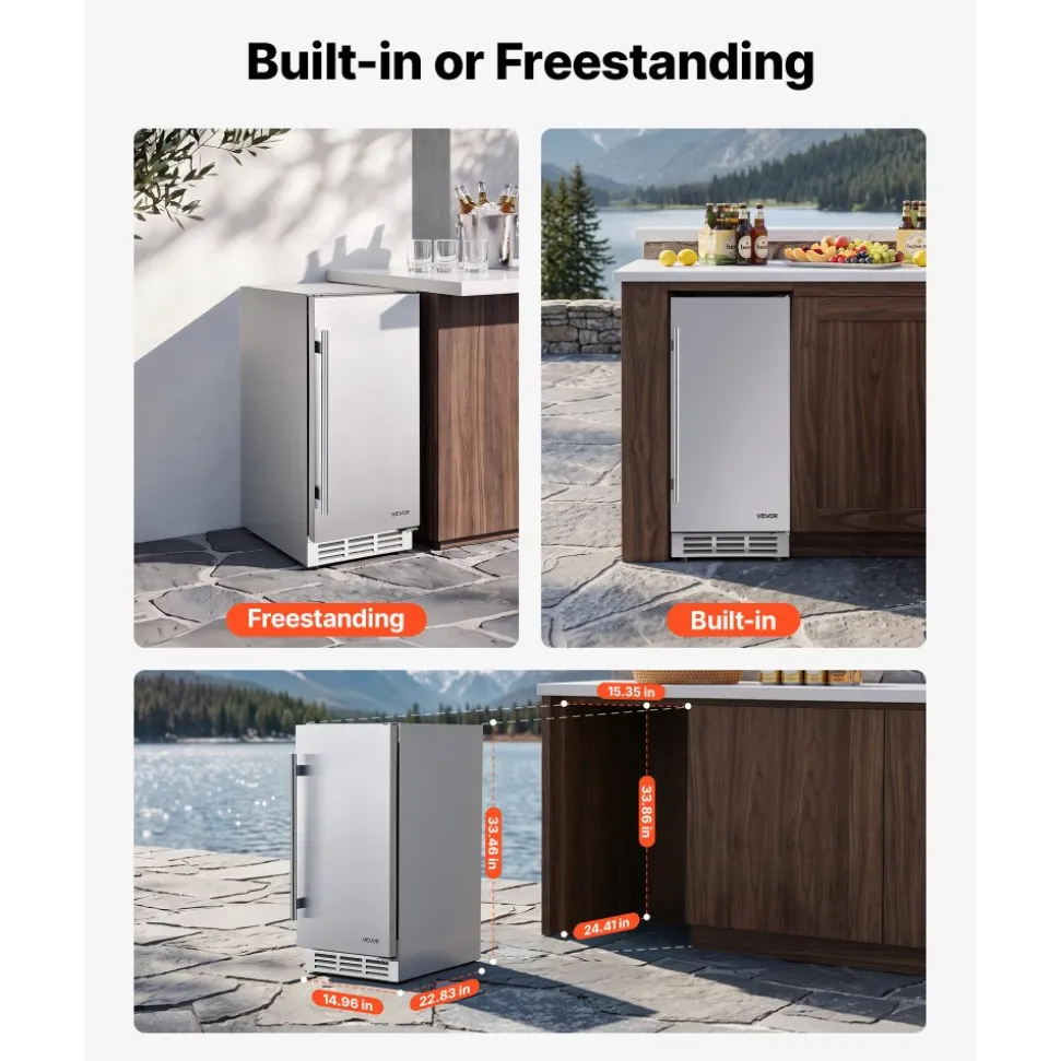 VEVOR Outdoor Beverage Refrigerator, 15 Inch Undercounter Drink Fridge, 304 Stainless Steel Body, 3.0 Cu. Ft, Hold 94 Cans, Powerful Cooling System, Built-in / Freestand Cooler, Home Bar & Patio