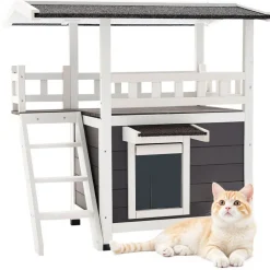 VEVOR Outdoor Cat House, 2-Story Wooden Cat Shelter with Stairs & Balcony, Elevated Feral Kitty Shelter, Spacious Room, Waterproof Cats Condos for Indoor & Outdoor Cats in Winter 30 x 22 x 30 in