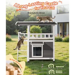 VEVOR Outdoor Cat House, 2-Story Wooden Cat Shelter with Stairs & Balcony, Elevated Feral Kitty Shelter, Spacious Room, Waterproof Cats Condos for Indoor & Outdoor Cats in Winter 30 x 22 x 30 in