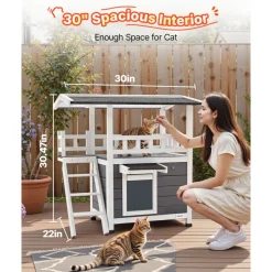 VEVOR Outdoor Cat House, 2-Story Wooden Cat Shelter with Stairs & Balcony, Elevated Feral Kitty Shelter, Spacious Room, Waterproof Cats Condos for Indoor & Outdoor Cats in Winter 30 x 22 x 30 in