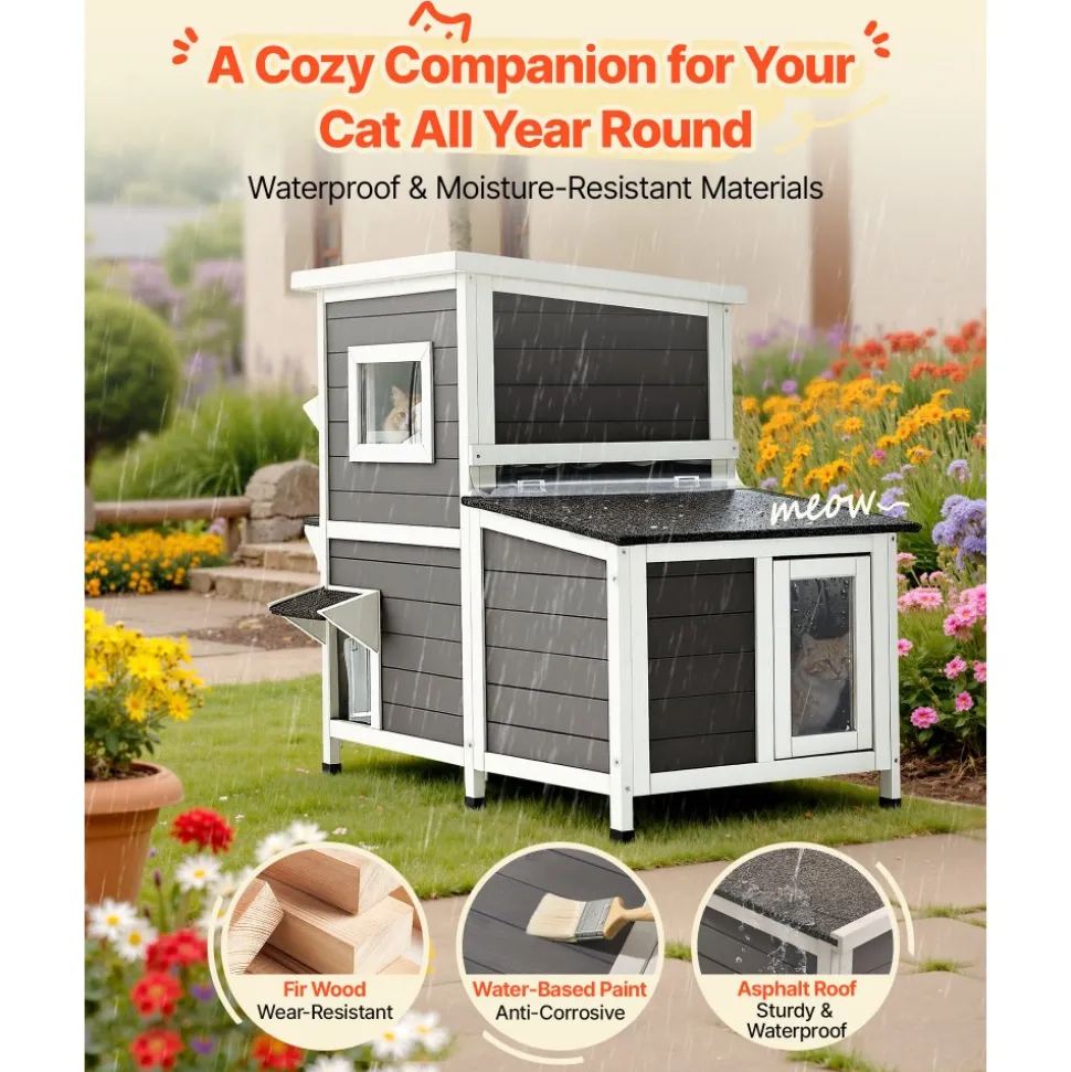 VEVOR Outdoor Cat House, 2-Story Wooden Cat Shelter for 3 Outside Cats in Winter, Elevated Feral Kitty Shelter with Stairs, Clear Window & Flap Doors, Waterproof Cats Condos for Garden 42 × 25 × 34 in