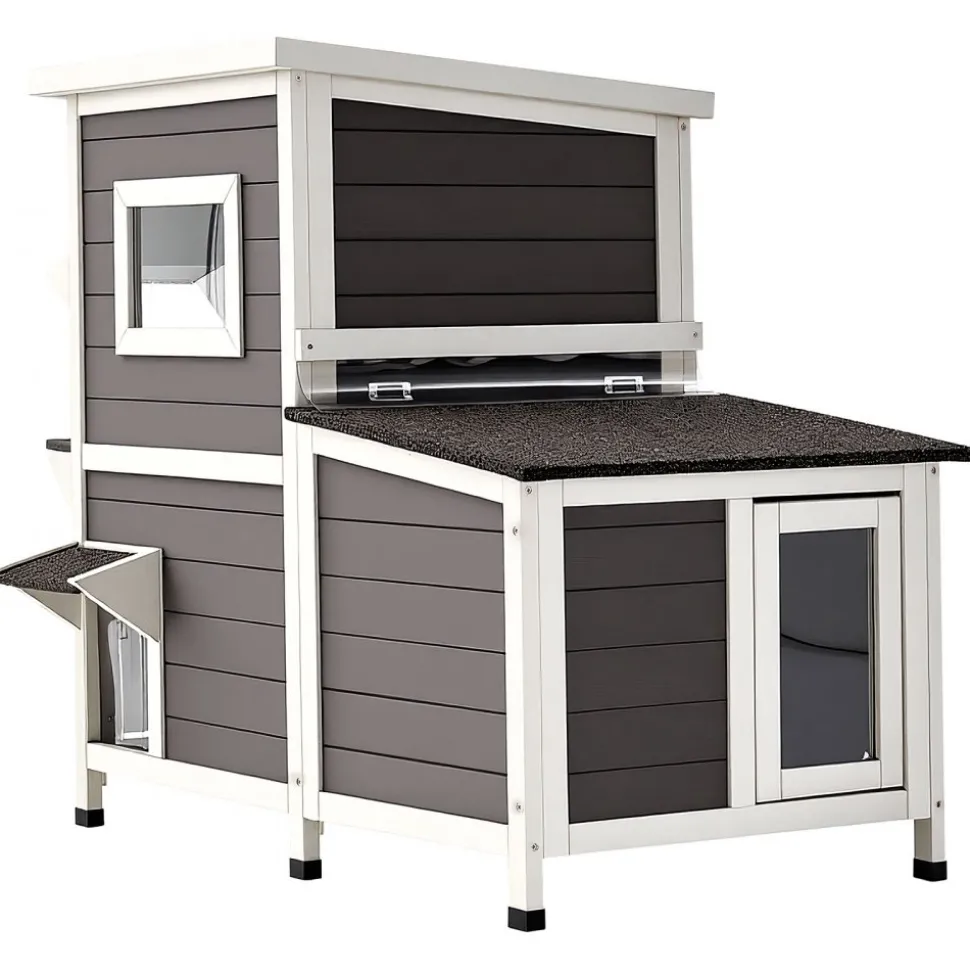 VEVOR Outdoor Cat House, 2-Story Wooden Cat Shelter for 3 Outside Cats in Winter, Elevated Feral Kitty Shelter with Stairs, Clear Window & Flap Doors, Waterproof Cats Condos for Garden 42 × 25 × 34 in