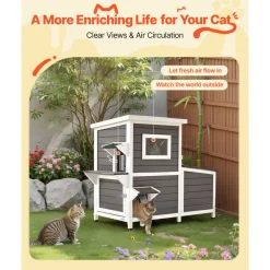 VEVOR Outdoor Cat House, 2-Story Wooden Cat Shelter for 3 Outside Cats in Winter, Elevated Feral Kitty Shelter with Stairs, Clear Window & Flap Doors, Waterproof Cats Condos for Garden 42 × 25 × 34 in
