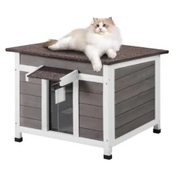 VEVOR Outdoor Cat House Weatherproof, Feral Cat Shelter for Multiple Cats, Outdoor Wooden Cat Rabbit House with a Window, Open Roof and PVC Door Flaps, 24