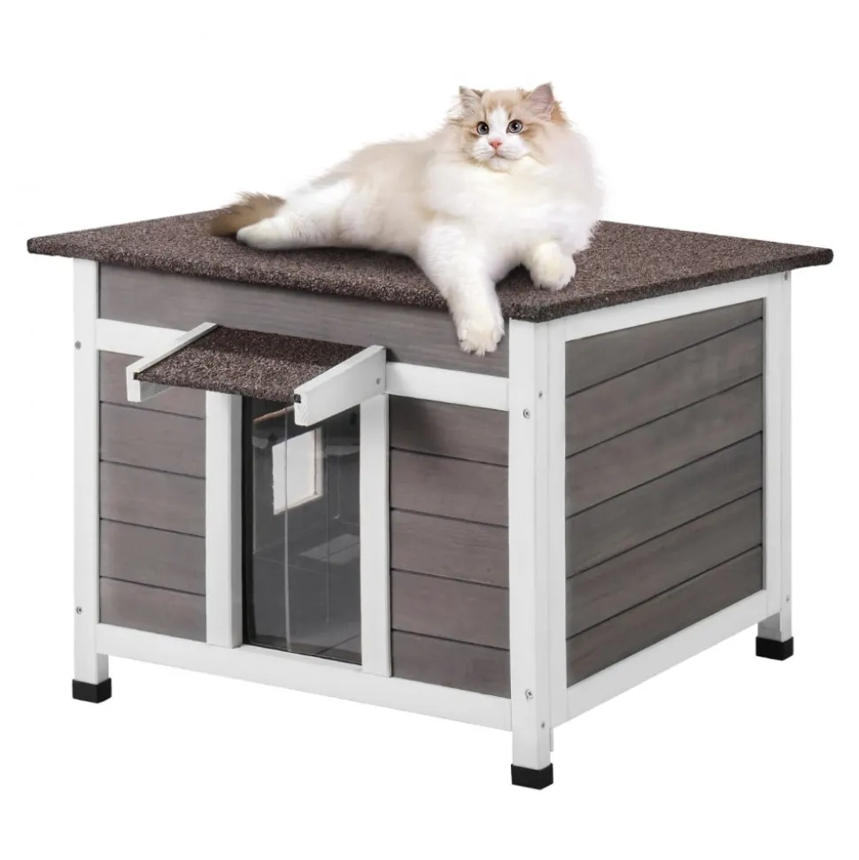 VEVOR Outdoor Cat House Weatherproof, Feral Cat Shelter for Multiple Cats, Outdoor Wooden Cat Rabbit House with a Window, Open Roof and PVC Door Flaps, 24"L x 21"W x 18"H