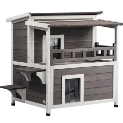 VEVOR Outdoor Cat House Weatherproof, Feral Cat Shelter for Multiple Cats, 2-story Large Outdoor Wooden Cat House with Balcony, Doors, PVC Door Flaps and Open Roof, 30"L x 30"W x 32"H