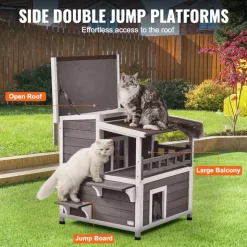 VEVOR Outdoor Cat House Weatherproof, Feral Cat Shelter for Multiple Cats, 2-story Large Outdoor Wooden Cat House with Balcony, Doors, PVC Door Flaps and Open Roof, 30