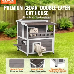 VEVOR Outdoor Cat House Weatherproof, Feral Cat Shelter for Multiple Cats, 2-story Large Outdoor Wooden Cat House with Balcony, Doors, PVC Door Flaps and Open Roof, 30