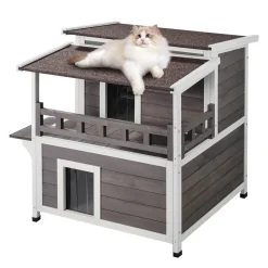 VEVOR Outdoor Cat House Weatherproof, Feral Cat Shelter for Multiple Cats, 2-story Large Outdoor Wooden Cat House with Balcony, Doors, PVC Door Flaps and Open Roof, 30