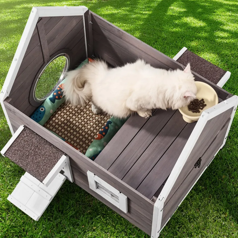 VEVOR Outdoor Cat House Weatherproof, Feral Cat Shelter for Multiple Cats, Outdoor Wooden Cat House with Large Side Door, PVC Door Flaps, Open Roof, Clear Window, 22"L x 30"W x 26"H