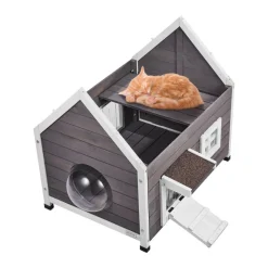 VEVOR Outdoor Cat House Weatherproof, Feral Cat Shelter for Multiple Cats, Outdoor Wooden Cat House with Large Side Door, PVC Door Flaps, Open Roof, Clear Window, 22