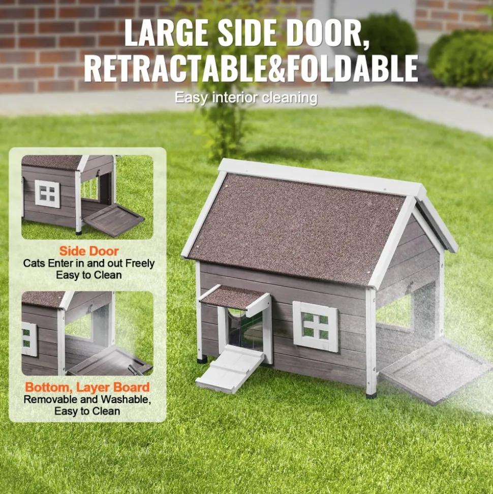 VEVOR Outdoor Cat House Weatherproof, Feral Cat Shelter for Multiple Cats, Outdoor Wooden Cat House with Large Side Door, PVC Door Flaps, Open Roof, Clear Window, 22"L x 30"W x 26"H