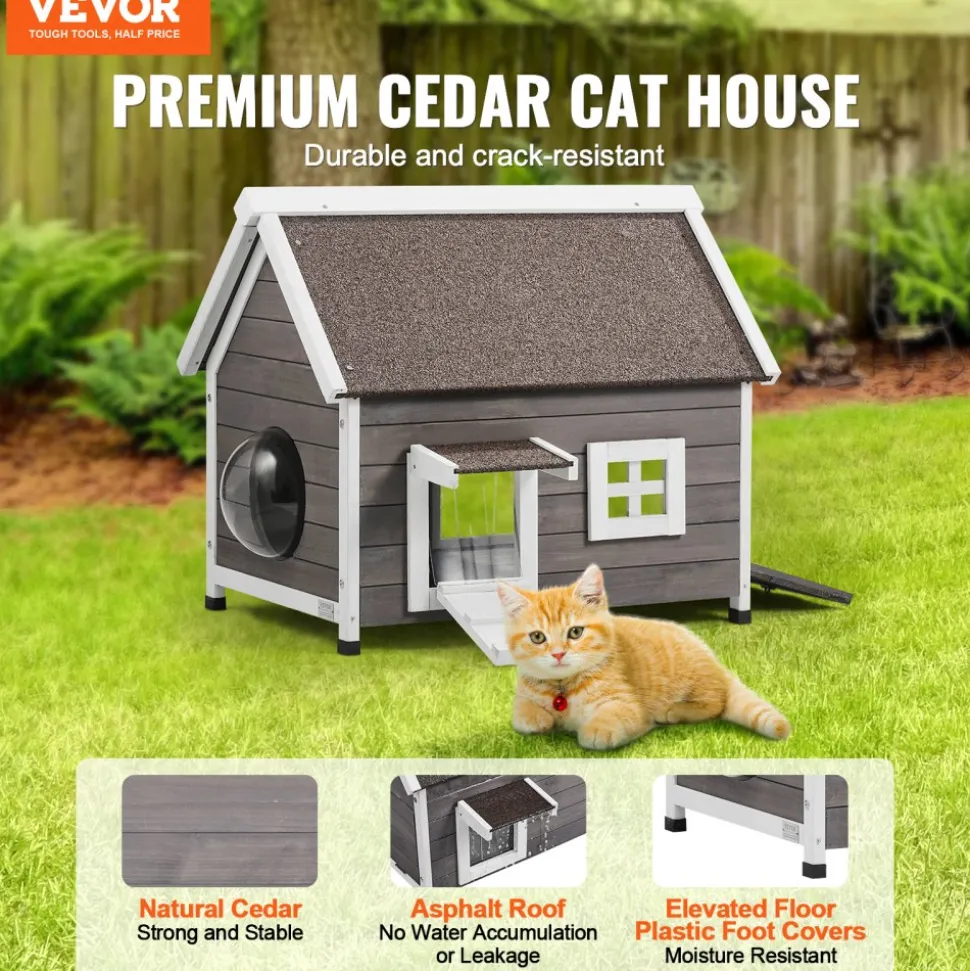 VEVOR Outdoor Cat House Weatherproof, Feral Cat Shelter for Multiple Cats, Outdoor Wooden Cat House with Large Side Door, PVC Door Flaps, Open Roof, Clear Window, 22"L x 30"W x 26"H