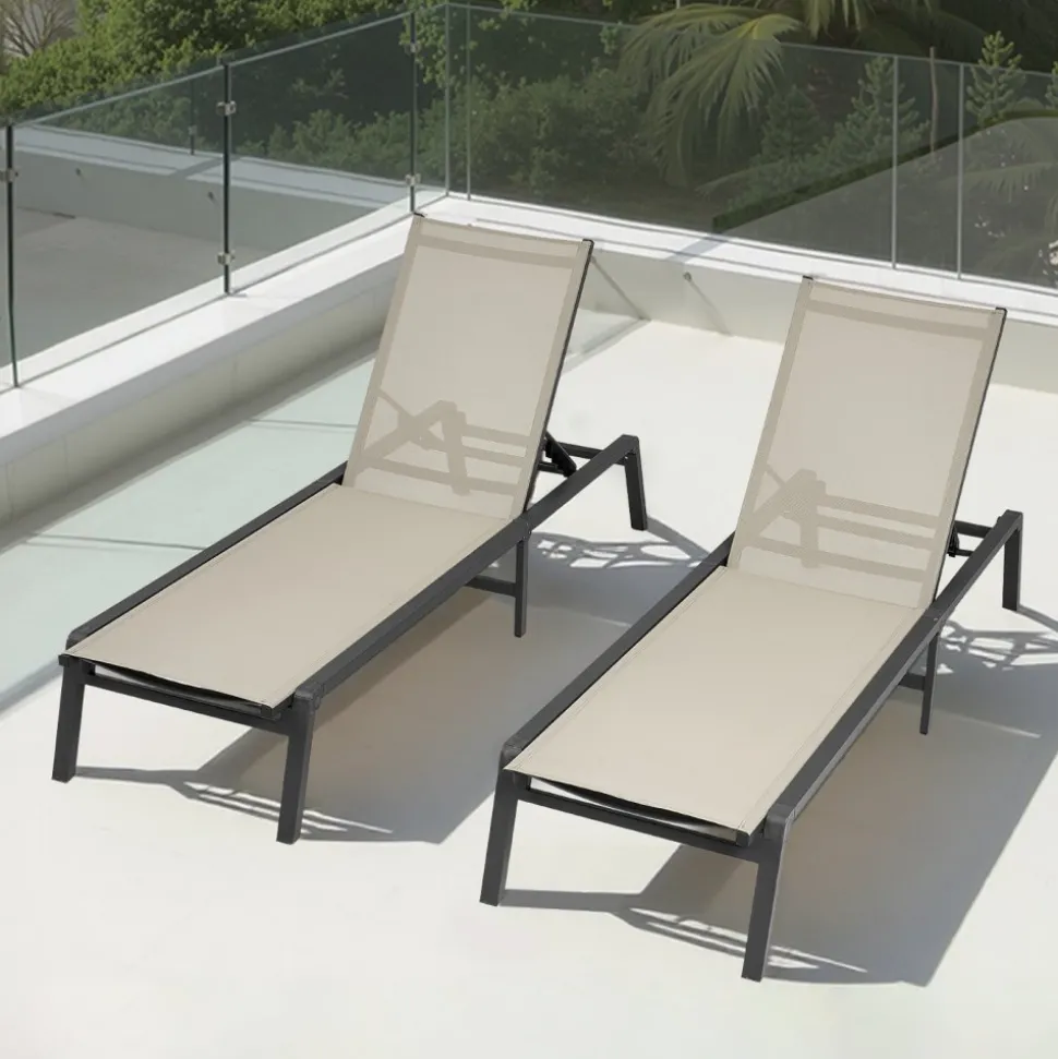 VEVOR Outdoor Chaise Lounge Chair Set of 2, 400 lbs Weight Capacity, Foldable Sun Tanning Chair, 5 Adjustable Positions, Easy Assembly, Aluminum Pool Recliner Lounge Chairs, for Beach Yard Patio