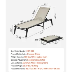 VEVOR Outdoor Chaise Lounge Chair Set of 2, 400 lbs Weight Capacity, Foldable Sun Tanning Chair, 5 Adjustable Positions, Easy Assembly, Aluminum Pool Recliner Lounge Chairs, for Beach Yard Patio
