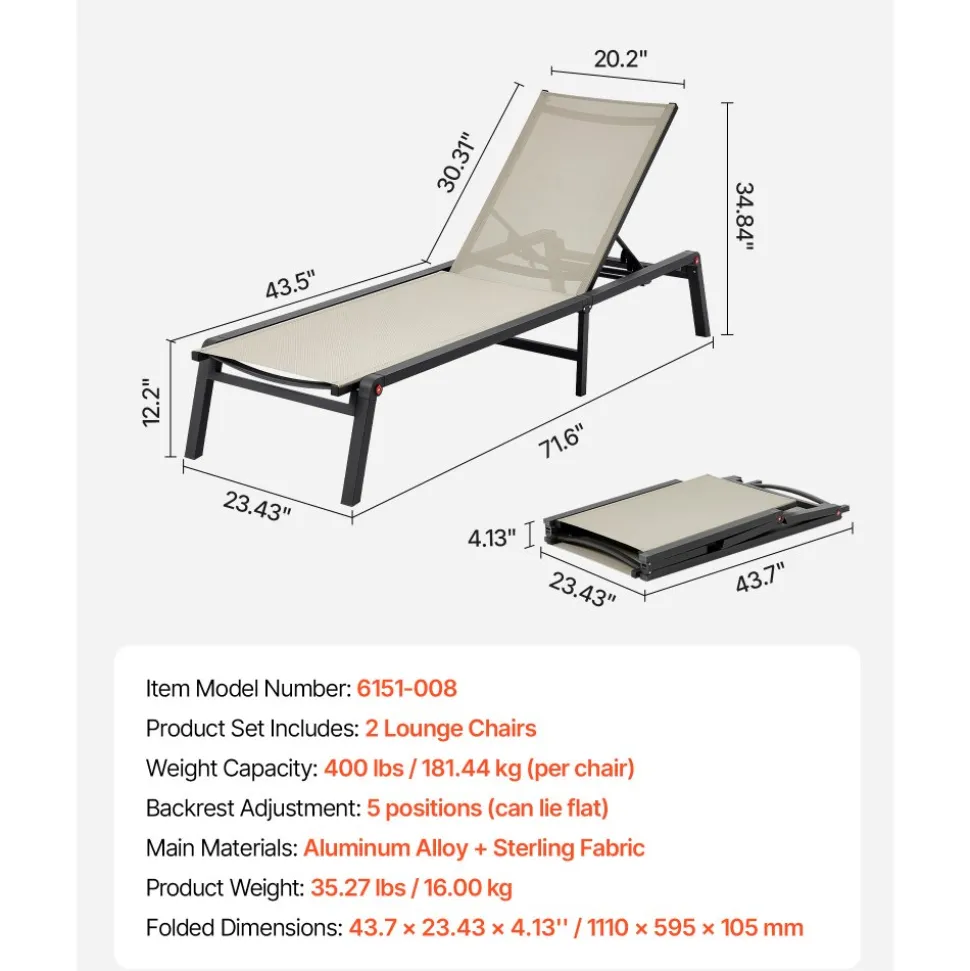 VEVOR Outdoor Chaise Lounge Chair Set of 2, 400 lbs Weight Capacity, Foldable Sun Tanning Chair, 5 Adjustable Positions, Easy Assembly, Aluminum Pool Recliner Lounge Chairs, for Beach Yard Patio