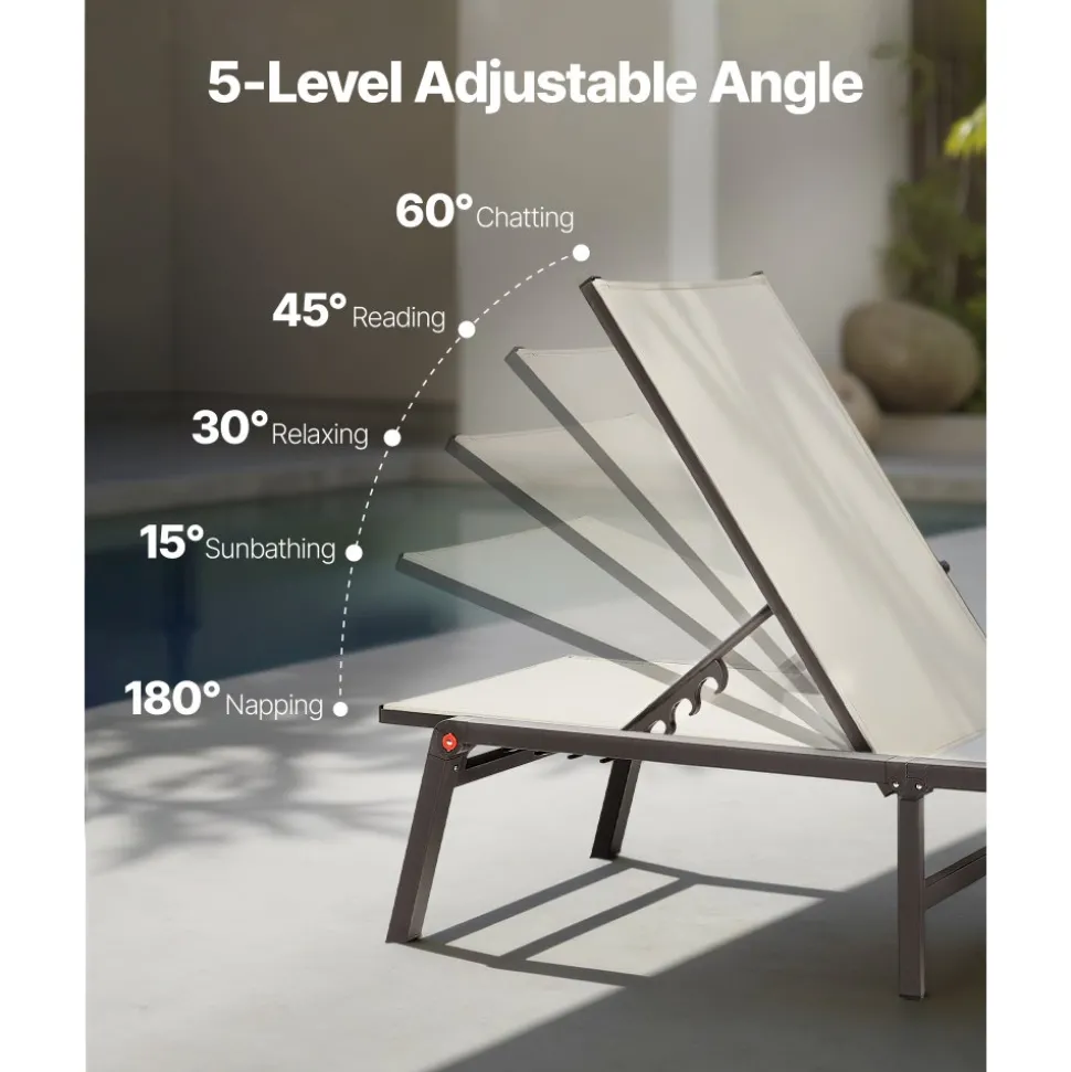 VEVOR Outdoor Chaise Lounge Chair, 400 lbs Weight Capacity, Foldable Sun Tanning Chair, 5 Adjustable Positions, Easy Assembly, Heavy Duty Aluminum Pool Recliner Lounge Chairs, for Beach Yard Patio