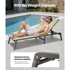 VEVOR Outdoor Chaise Lounge Chair, 400 lbs Weight Capacity, Foldable Sun Tanning Chair, 5 Adjustable Positions, Easy Assembly, Heavy Duty Aluminum Pool Recliner Lounge Chairs, for Beach Yard Patio
