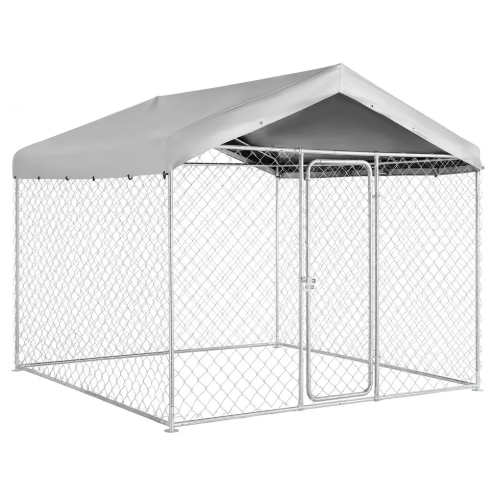 VEVOR Outdoor Dog Kennel, 9.84 x 9.84 x 7.05 ft Large Dog Kennel with Secure Lock, Outside Dogs Enclosures with UV-Resistant & Waterproof Roof Cover, Heavy Duty Pet Crate Cage Run for Large Dogs