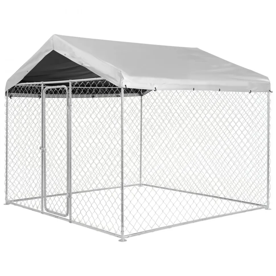 VEVOR Outdoor Dog Kennel, 9.84 x 9.84 x 7.05 ft Large Dog Kennel with Secure Lock, Outside Dogs Enclosures with UV-Resistant & Waterproof Roof Cover, Heavy Duty Pet Crate Cage Run for Large Dogs