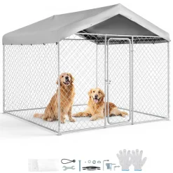 VEVOR Outdoor Dog Kennel, 9.84 x 9.84 x 7.05 ft Large Dog Kennel with Secure Lock, Outside Dogs Enclosures with UV-Resistant & Waterproof Roof Cover, Heavy Duty Pet Crate Cage Run for Large Dogs