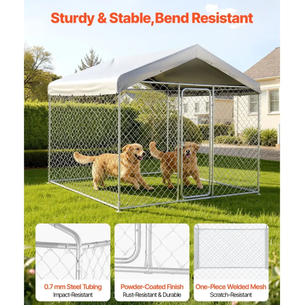 VEVOR Outdoor Dog Kennel, 9.84 x 9.84 x 7.05 ft Large Dog Kennel with Secure Lock, Outside Dogs Enclosures with UV-Resistant & Waterproof Roof Cover, Heavy Duty Pet Crate Cage Run for Large Dogs