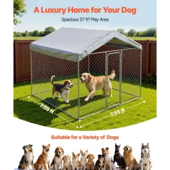 VEVOR Outdoor Dog Kennel, 9.84 x 9.84 x 7.05 ft Large Dog Kennel with Secure Lock, Outside Dogs Enclosures with UV-Resistant & Waterproof Roof Cover, Heavy Duty Pet Crate Cage Run for Large Dogs