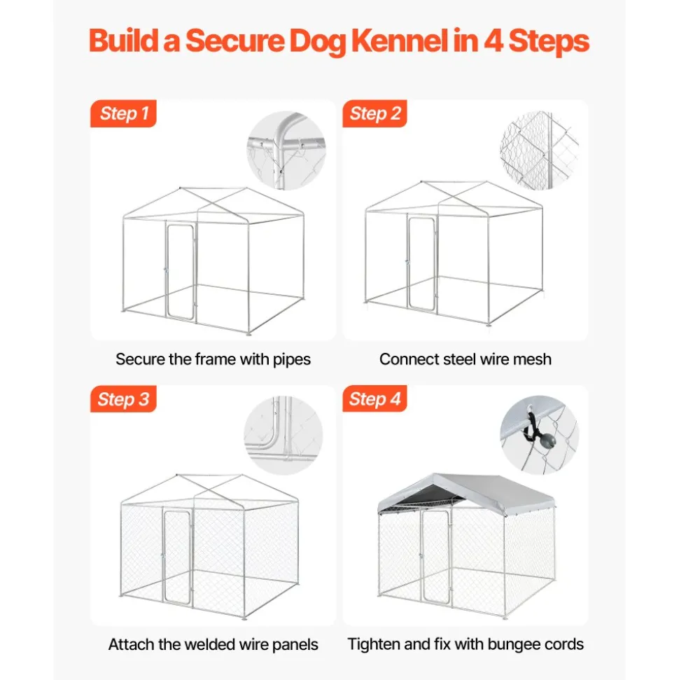 VEVOR Outdoor Dog Kennel, 9.84 x 9.84 x 7.05 ft Large Dog Kennel with Secure Lock, Outside Dogs Enclosures with UV-Resistant & Waterproof Roof Cover, Heavy Duty Pet Crate Cage Run for Large Dogs