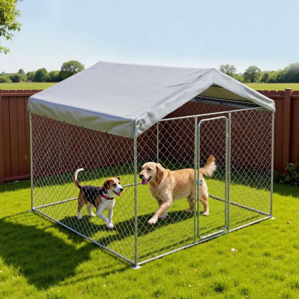 VEVOR Outdoor Dog Kennel, 9.84 x 9.84 x 7.05 ft Large Dog Kennel with Secure Lock, Outside Dogs Enclosures with UV-Resistant & Waterproof Roof Cover, Heavy Duty Pet Crate Cage Run for Large Dogs