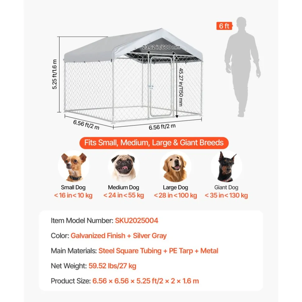 VEVOR Outdoor Dog Kennel, 6.56 x 6.56 x 5.25 ft Large Dog Kennel with Secure Lock, Outside Dogs Enclosures with UV-Resistant & Waterproof Roof Cover, Heavy Duty Pet Crate Cage Run for Large Dogs
