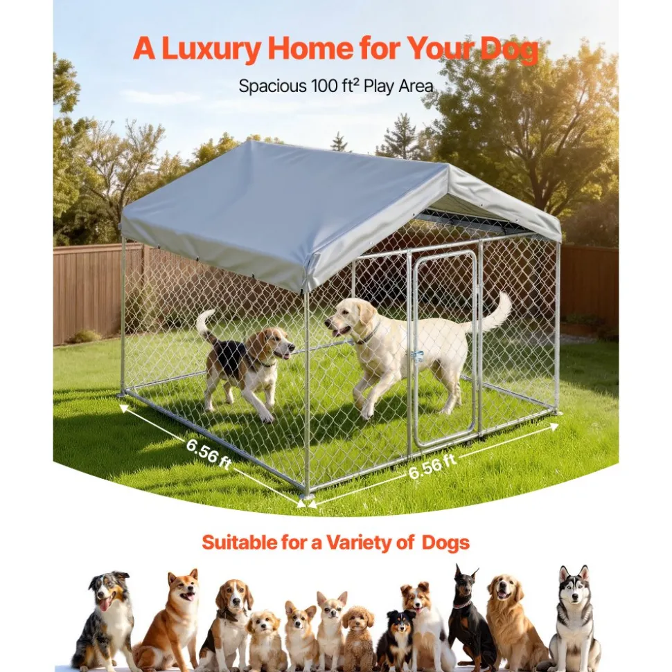 VEVOR Outdoor Dog Kennel, 6.56 x 6.56 x 5.25 ft Large Dog Kennel with Secure Lock, Outside Dogs Enclosures with UV-Resistant & Waterproof Roof Cover, Heavy Duty Pet Crate Cage Run for Large Dogs