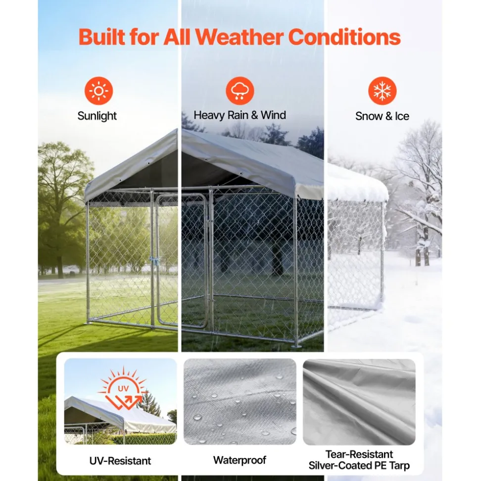 VEVOR Outdoor Dog Kennel, 6.56 x 6.56 x 5.25 ft Large Dog Kennel with Secure Lock, Outside Dogs Enclosures with UV-Resistant & Waterproof Roof Cover, Heavy Duty Pet Crate Cage Run for Large Dogs