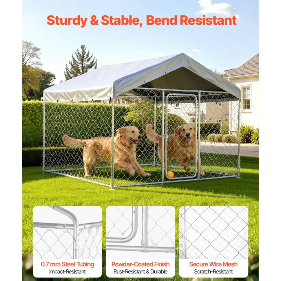 VEVOR Outdoor Dog Kennel, 6.56 x 6.56 x 5.25 ft Large Dog Kennel with Secure Lock, Outside Dogs Enclosures with UV-Resistant & Waterproof Roof Cover, Heavy Duty Pet Crate Cage Run for Large Dogs