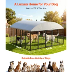 VEVOR Outdoor Dog Kennel, 9.8 x 9.8 x 5.4 ft Large Dog Kennel with Secure Lock, Outside Dogs Enclosures with UV-Resistant & Waterproof Roof Cover, Heavy Duty Pet Crate Cage Run for Large Dogs