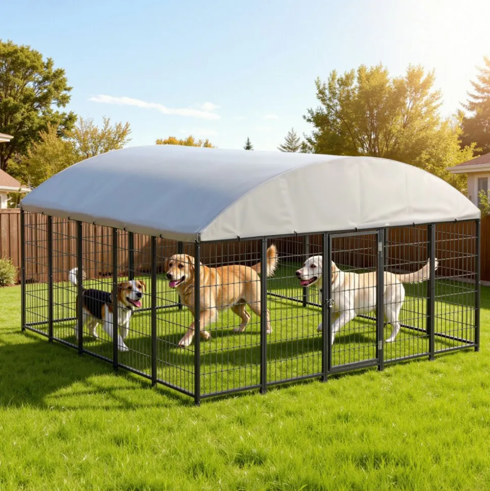 VEVOR Outdoor Dog Kennel, 9.8 x 9.8 x 5.4 ft Large Dog Kennel with Secure Lock, Outside Dogs Enclosures with UV-Resistant & Waterproof Roof Cover, Heavy Duty Pet Crate Cage Run for Large Dogs