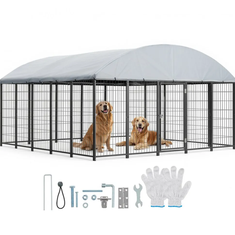VEVOR Outdoor Dog Kennel, 9.8 x 9.8 x 5.4 ft Large Dog Kennel with Secure Lock, Outside Dogs Enclosures with UV-Resistant & Waterproof Roof Cover, Heavy Duty Pet Crate Cage Run for Large Dogs