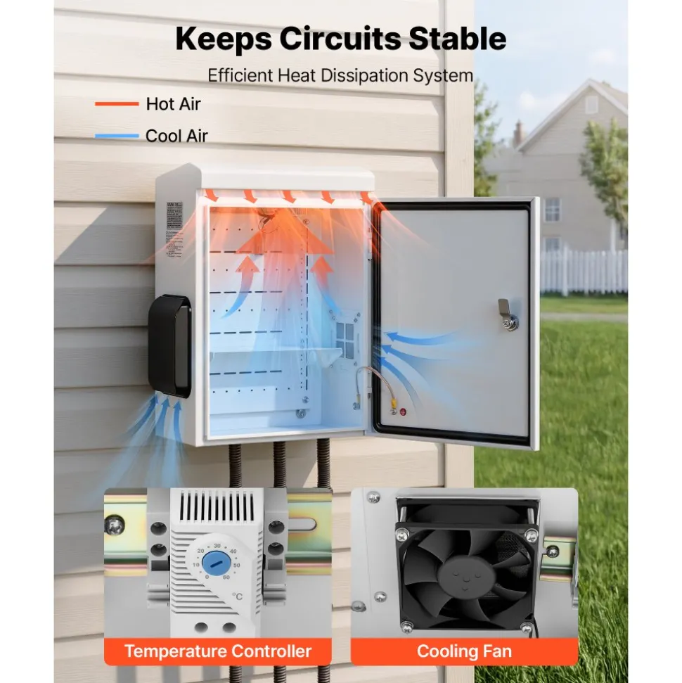 VEVOR Outdoor Electrical Box, Cold-Rolled Steel, Electrical Junction Box with Thermostat and Fan, Rain Hood, Ventilated Design, IP65 Waterproof Hinged Enclosure, Wall/Pole Mounted, 20 x 16 x 8 in