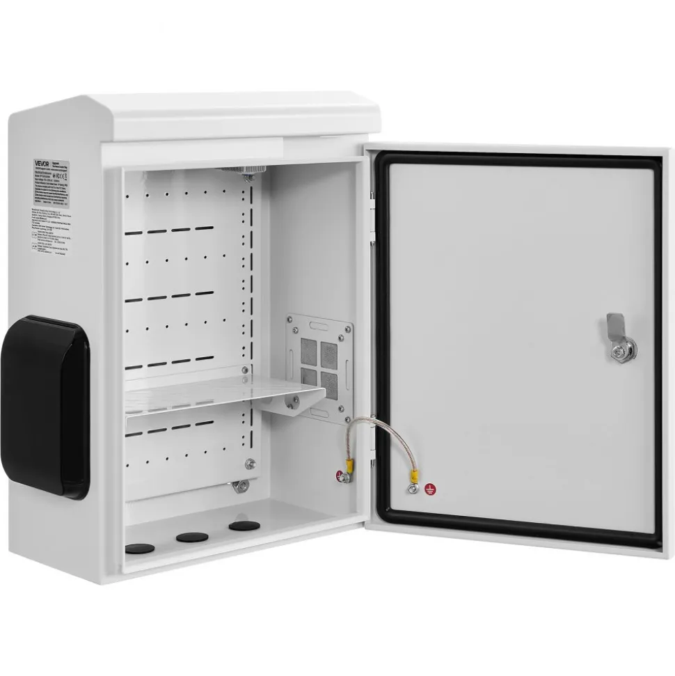 VEVOR Outdoor Electrical Box, Cold-Rolled Steel, Electrical Junction Box with Thermostat and Fan, Rain Hood, Ventilated Design, IP65 Waterproof Hinged Enclosure, Wall/Pole Mounted, 20 x 16 x 8 in