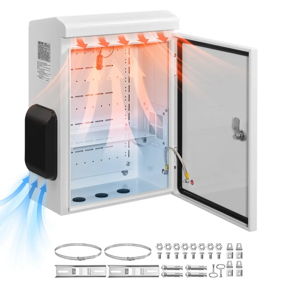 VEVOR Outdoor Electrical Box, Cold-Rolled Steel, Electrical Junction Box with Thermostat and Fan, Rain Hood, Ventilated Design, IP65 Waterproof Hinged Enclosure, Wall/Pole Mounted, 20 x 16 x 8 in
