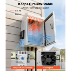 VEVOR Outdoor Electrical Box, Cold-Rolled Steel, Electrical Junction Box with Thermostat and Fan, Rain Hood, Ventilated Design, IP65 Waterproof Hinged Enclosure, Wall/Pole Mounted, 16 x 12 x 8 in