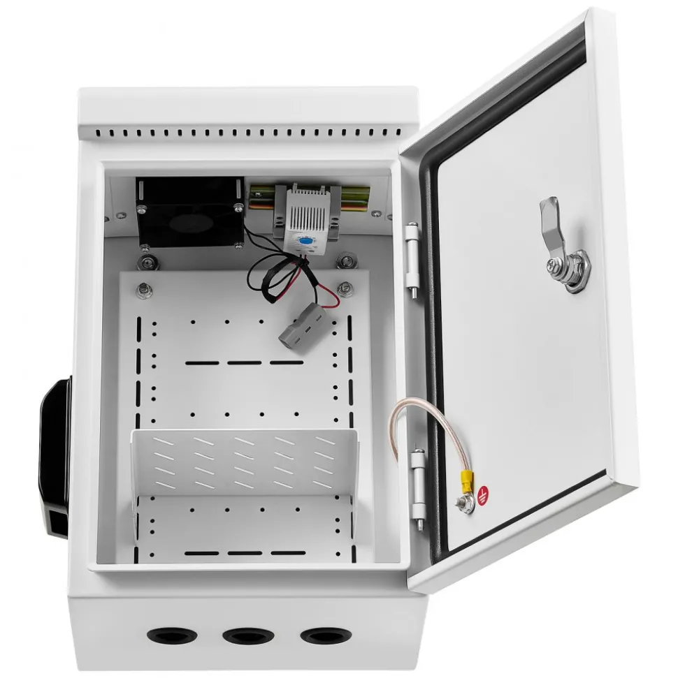 VEVOR Outdoor Electrical Box, Cold-Rolled Steel, Electrical Junction Box with Thermostat and Fan, Rain Hood, Ventilated Design, IP65 Waterproof Hinged Enclosure, Wall/Pole Mounted, 16 x 12 x 8 in